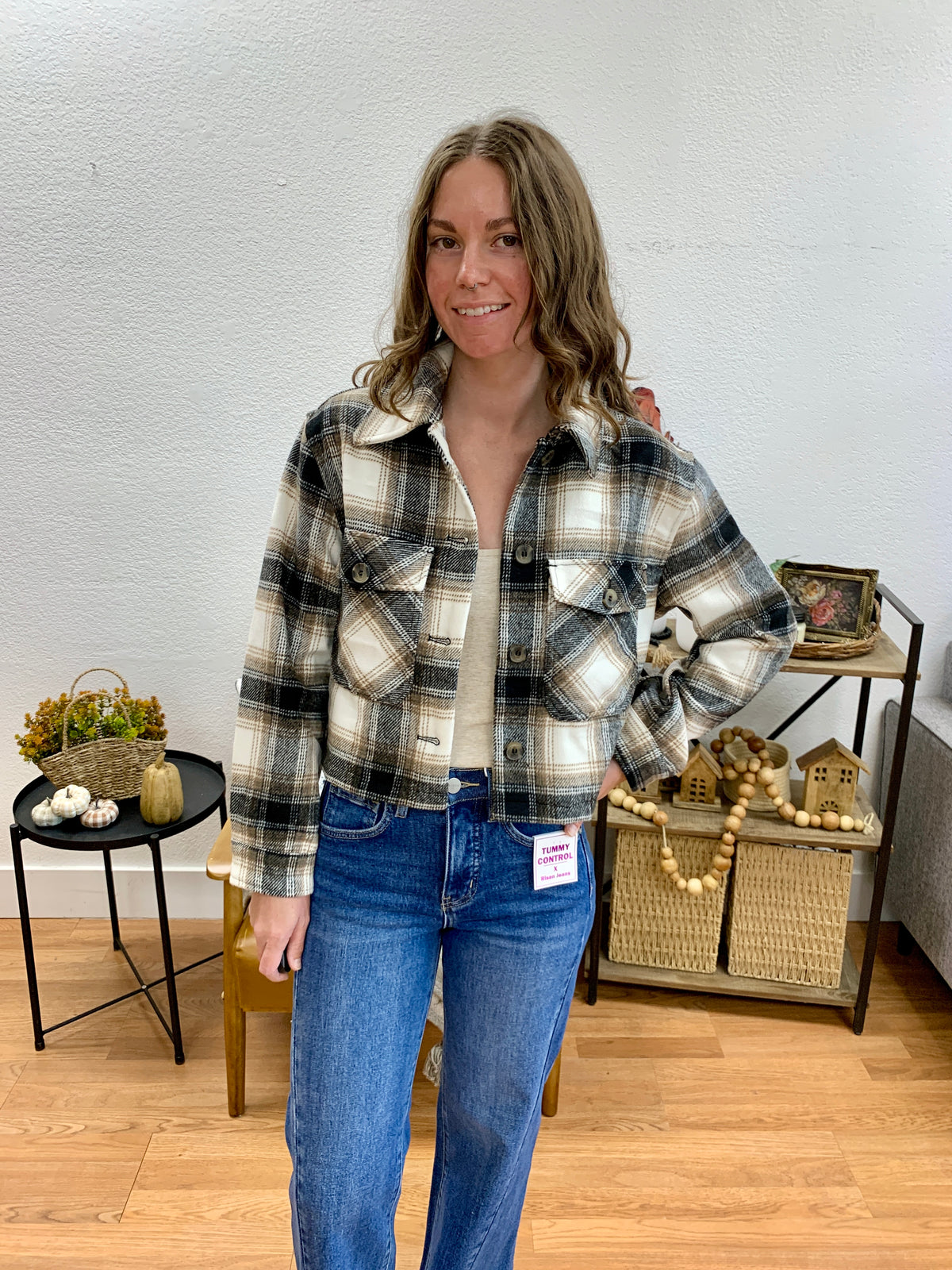 Black Cropped Plaid Jacket