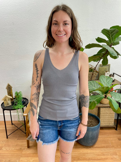 Charcoal Ribbed V Neck Tank