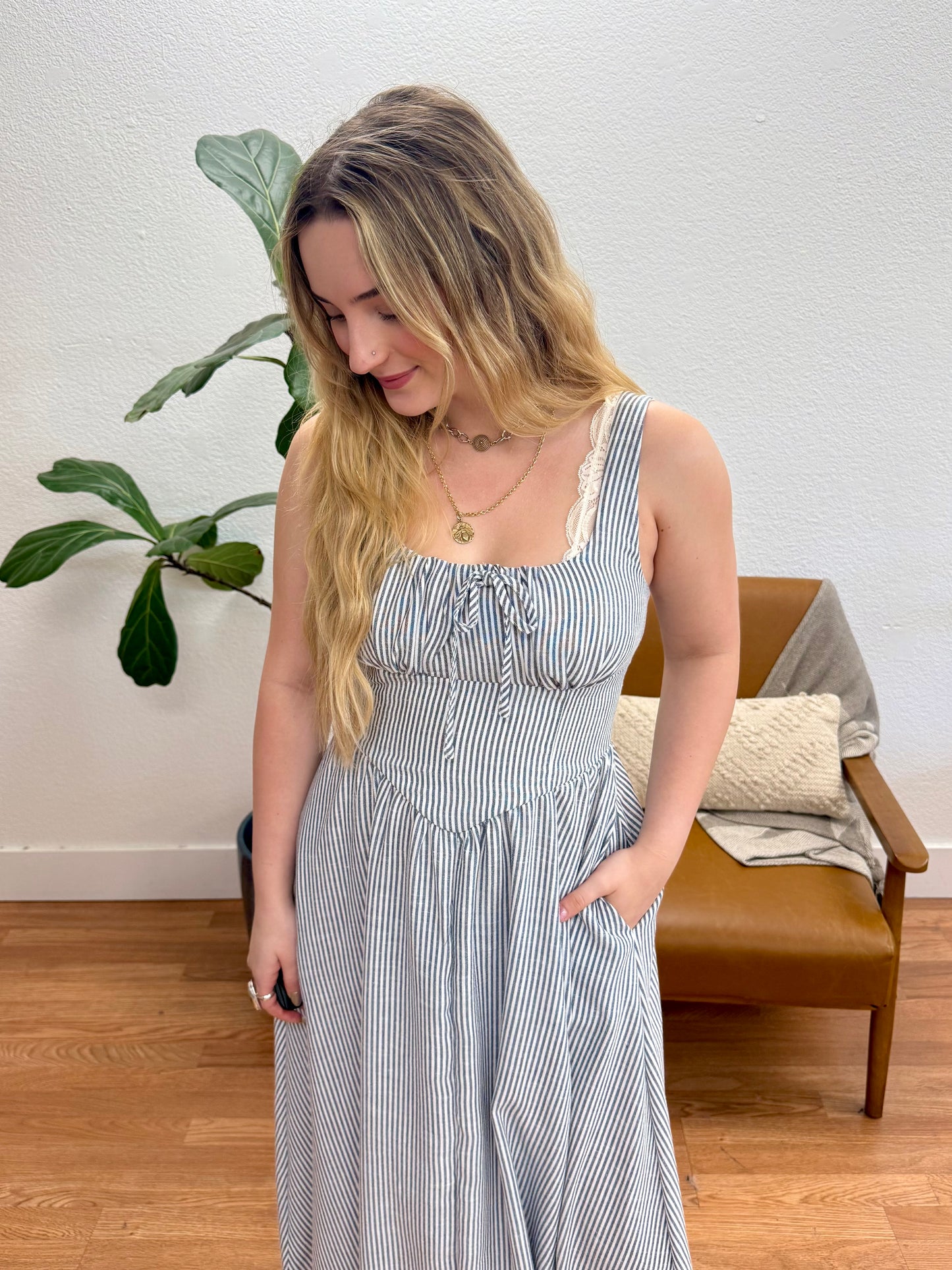 Navy Corset Detail Midi Dress