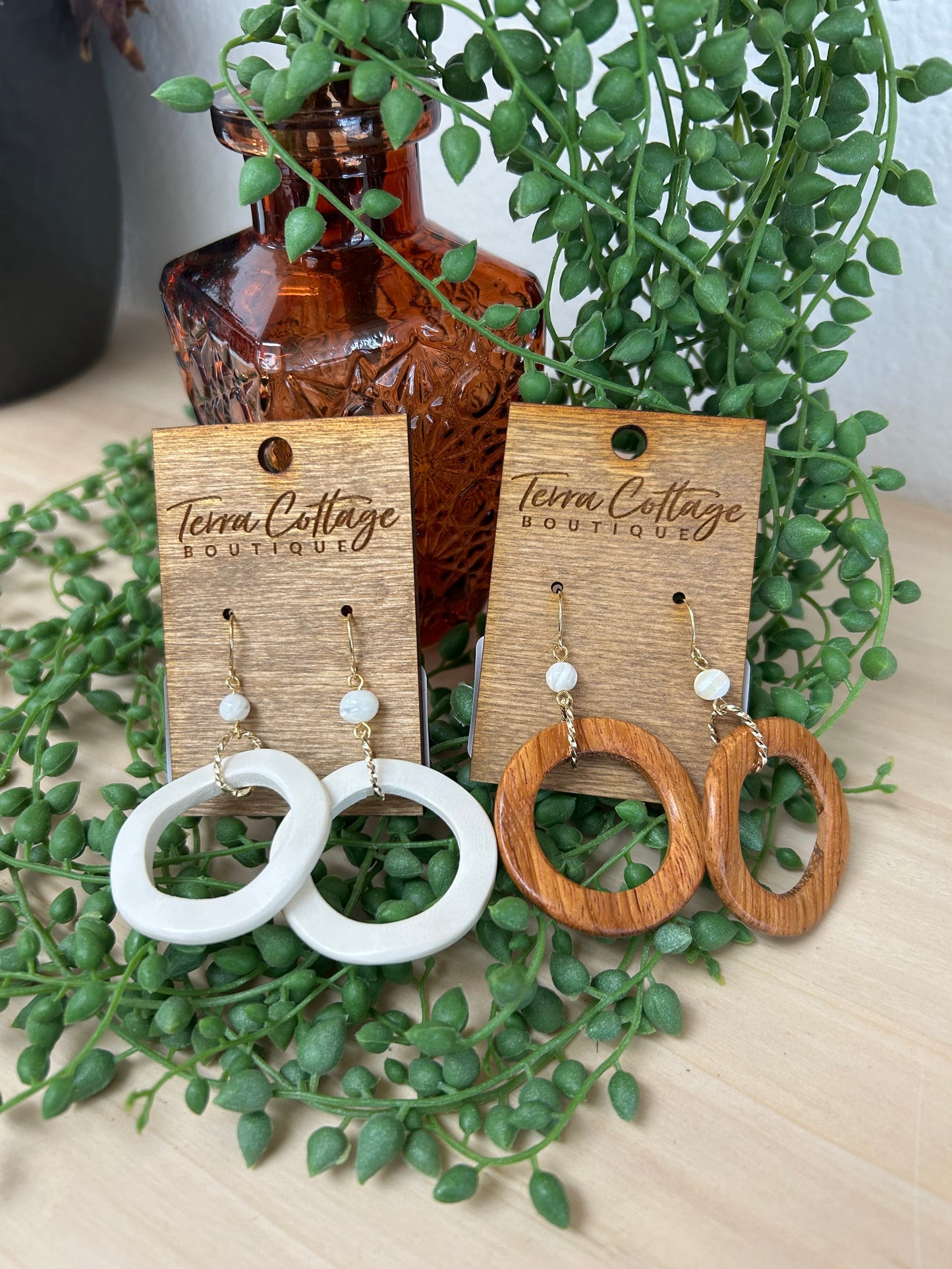 Wooden Hoop And Shell Bead Dangle Earrings