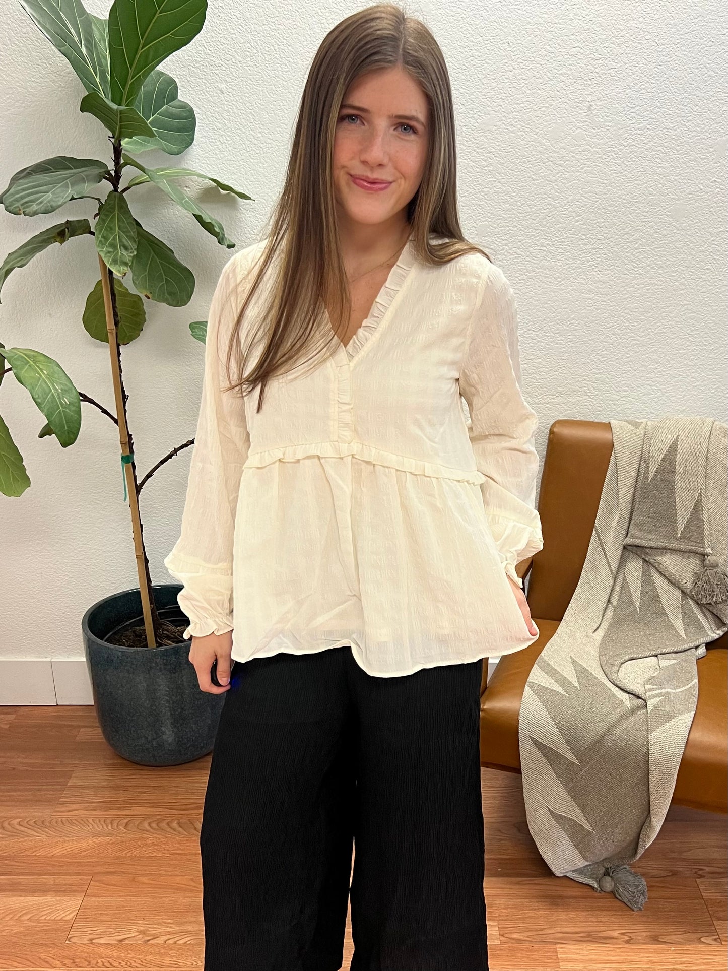 Cream V-Neck Ruffle Blouse