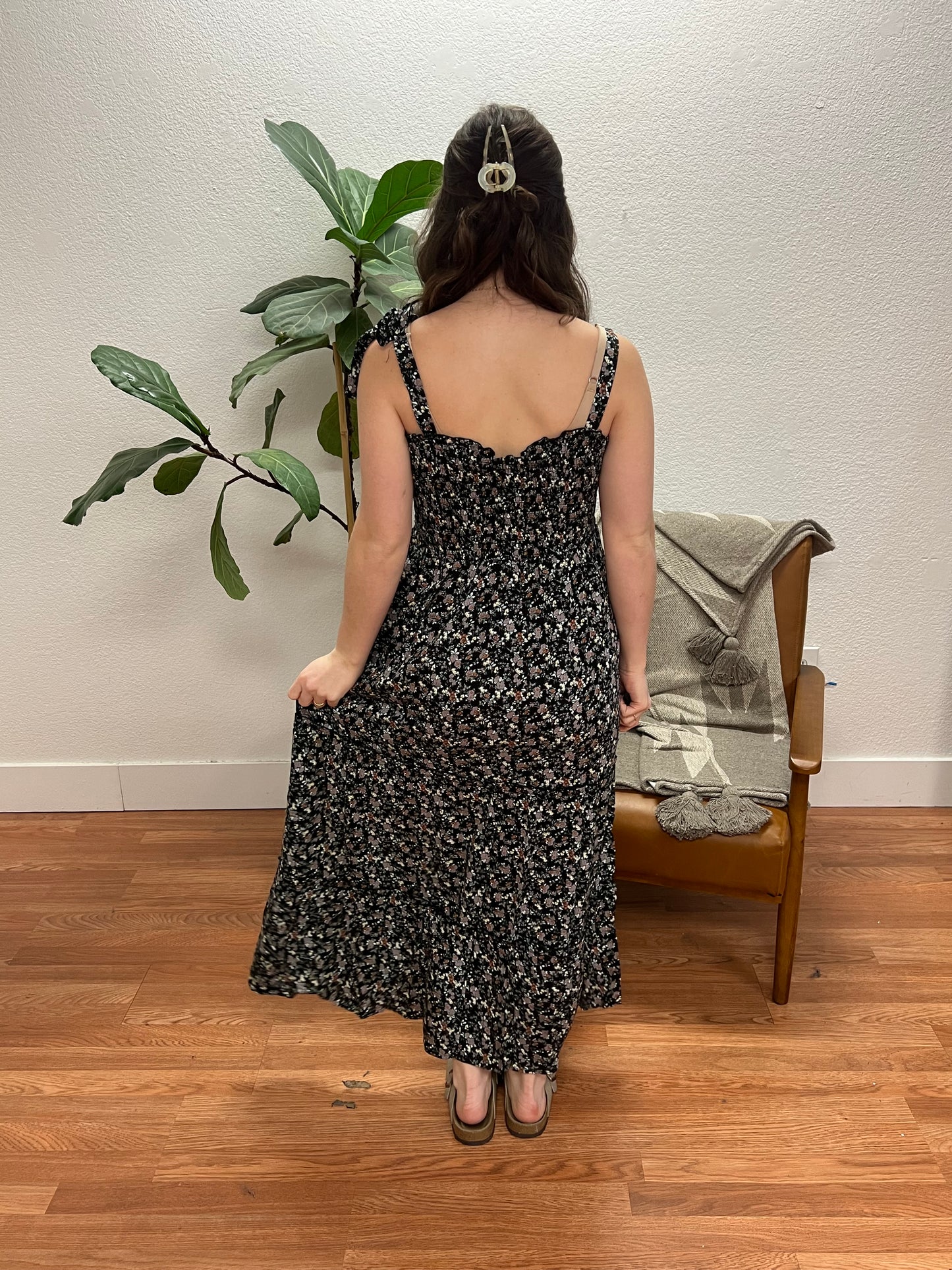 Black Florals Smocked Maxi Dress