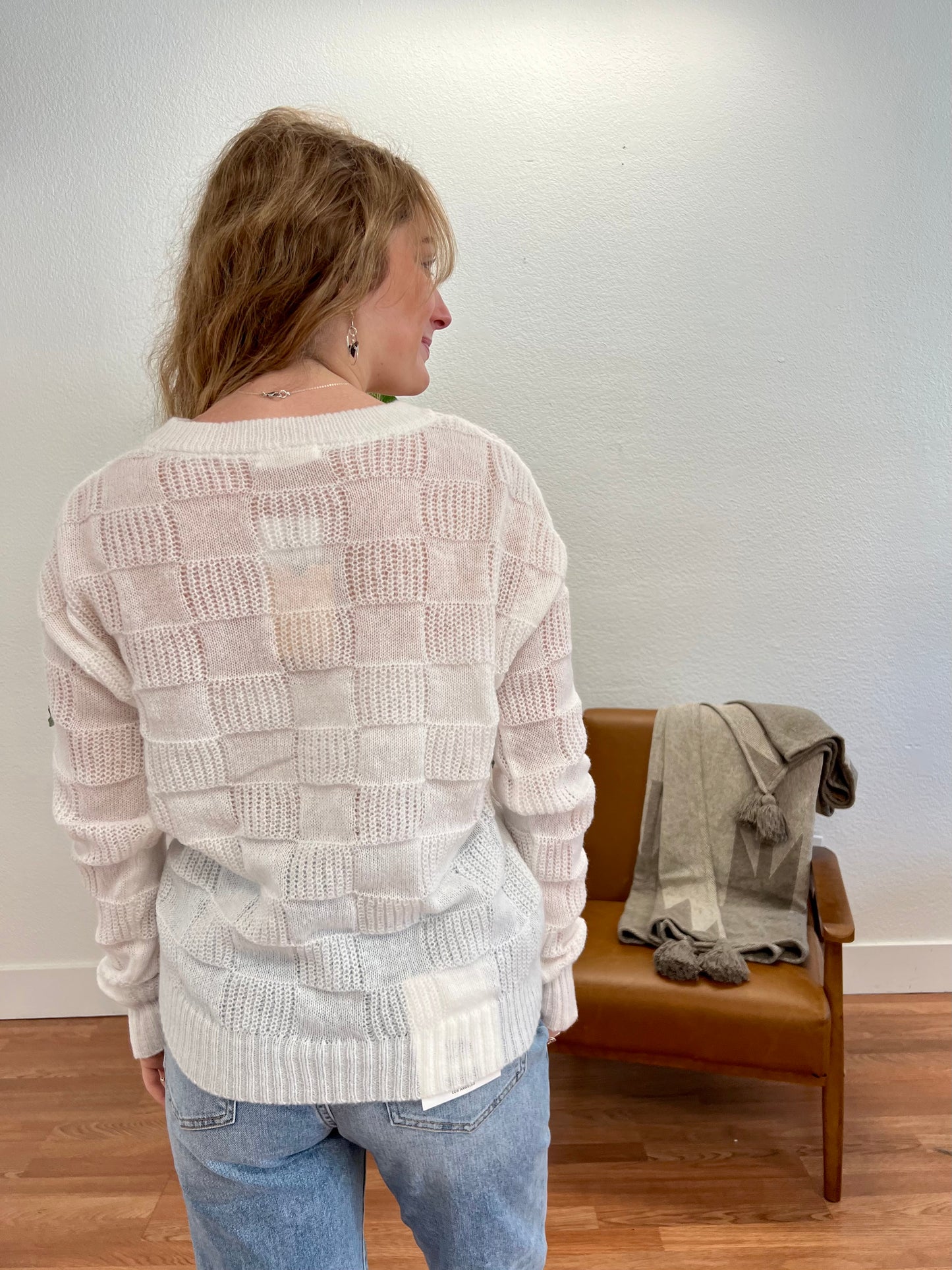 White Checkered Texture Sweater