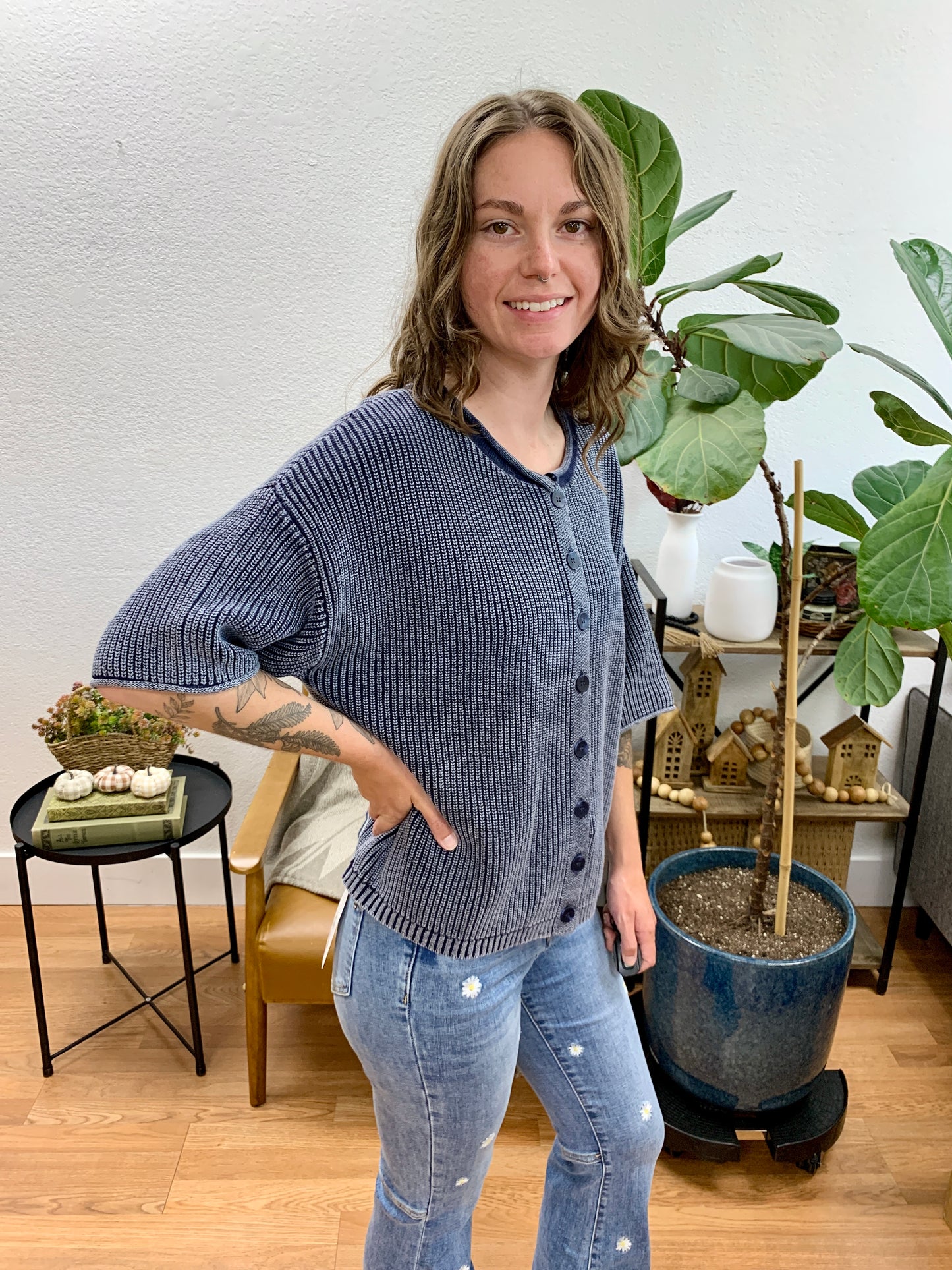 Navy Washed Ribbed Cardigan