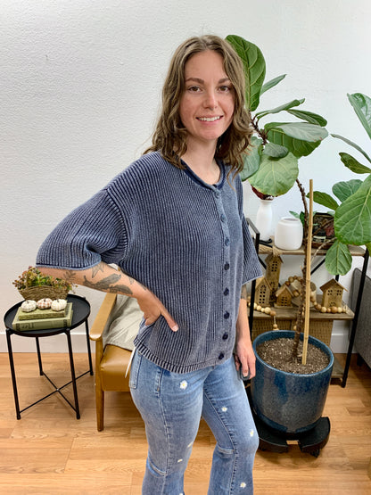 Navy Washed Ribbed Cardigan