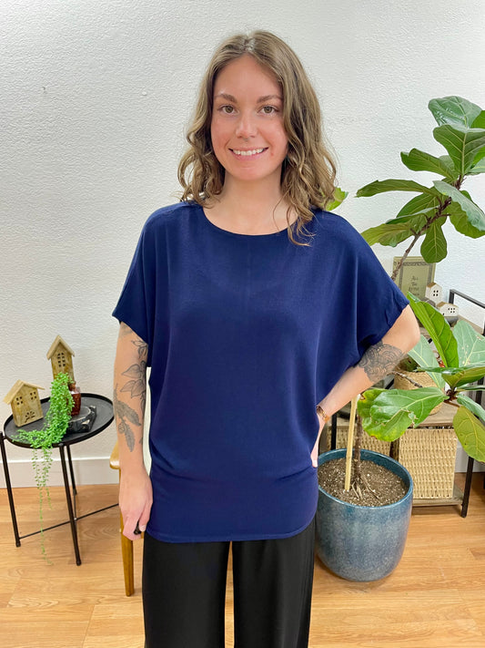 Navy Dolman Sleeve Boat Neck Top