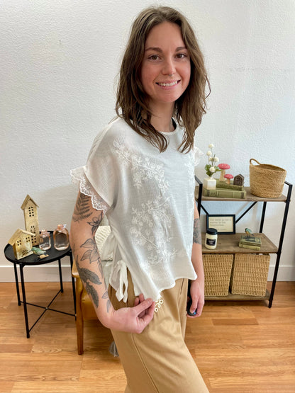 White Side Tie Lace Top - Terra Cottage