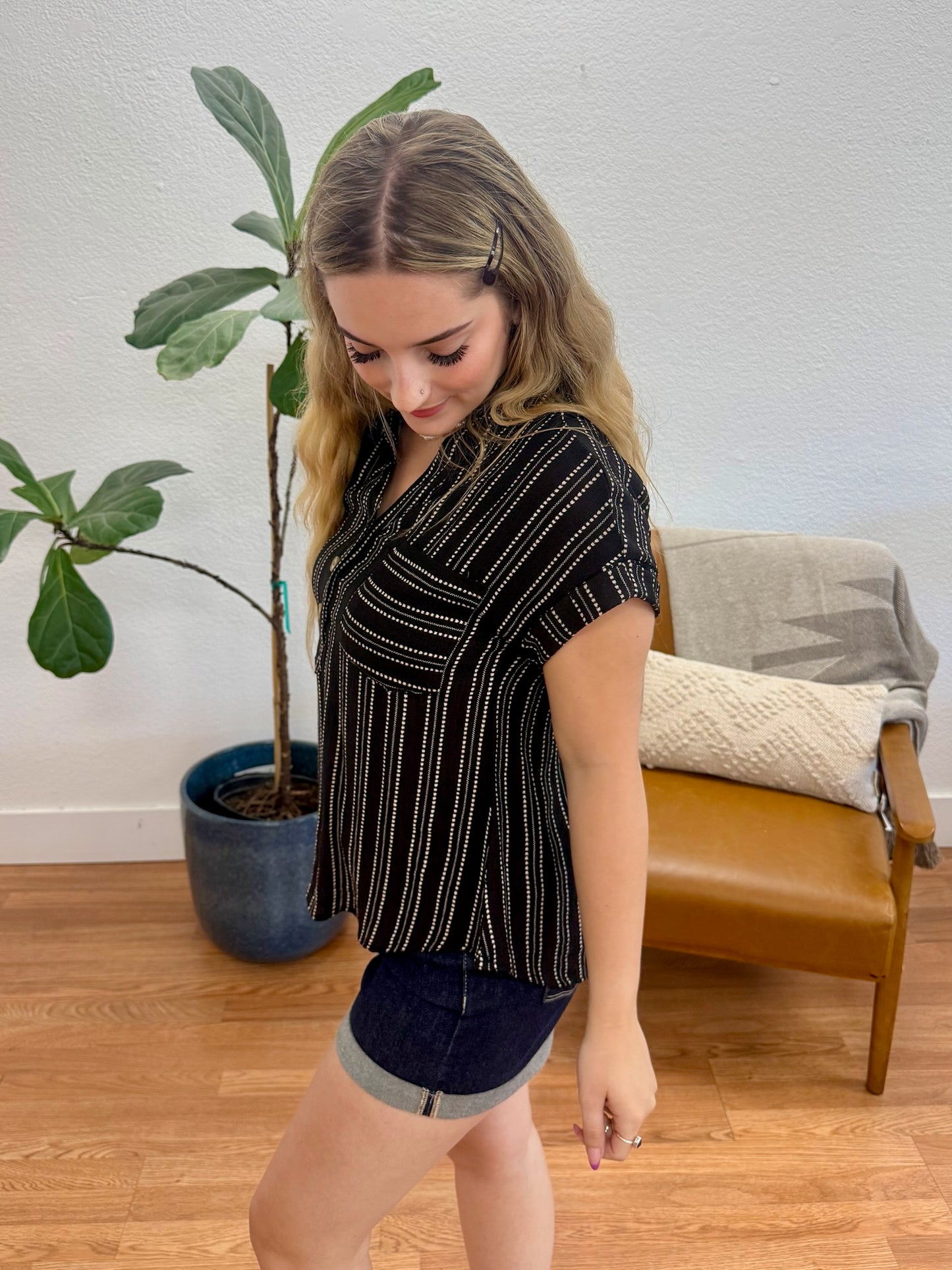 Black Stripe Half Button Top