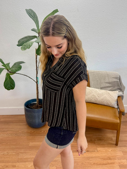 Black Stripe Half Button Top