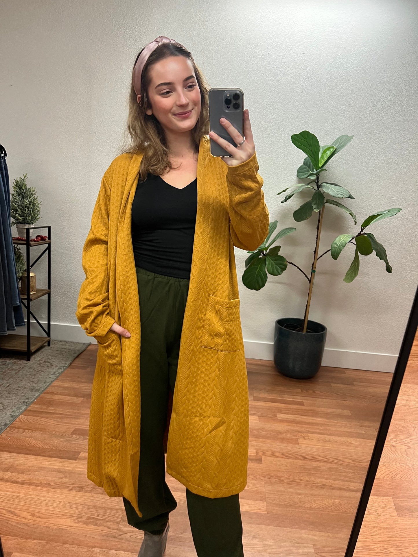 Mustard Braided Long Pocket Cardigan