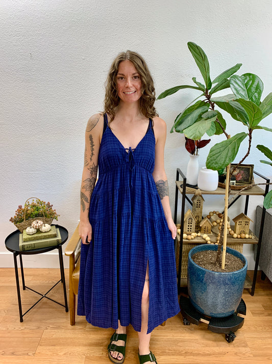 Navy Plaid Midi Dress