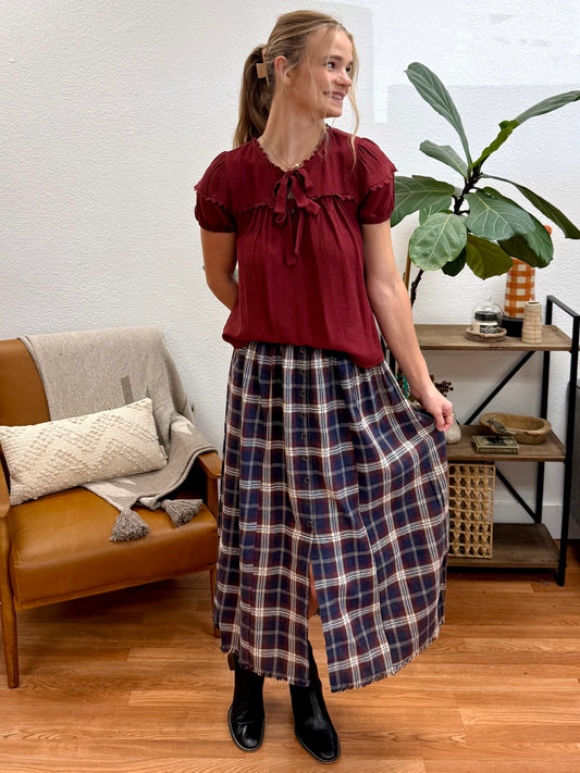 Acid Washed Plaid Maxi Skirt