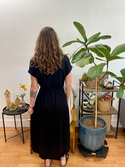 Black Belted Linen Side Slit Maxi Dress