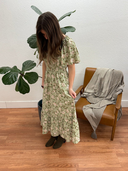 Olive Floral Tiered Midi Dress