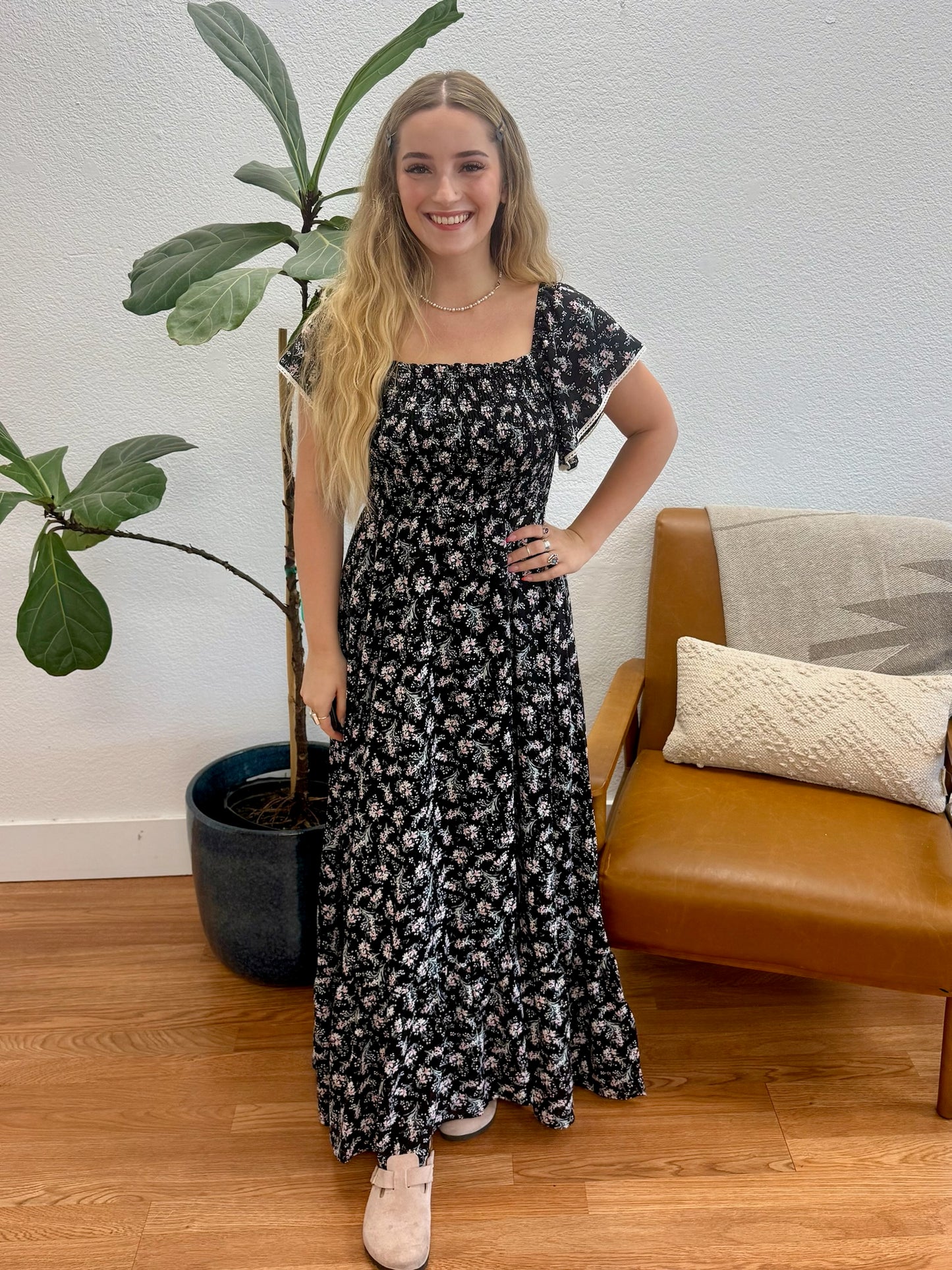 Black Romantic Smocked Maxi Dress