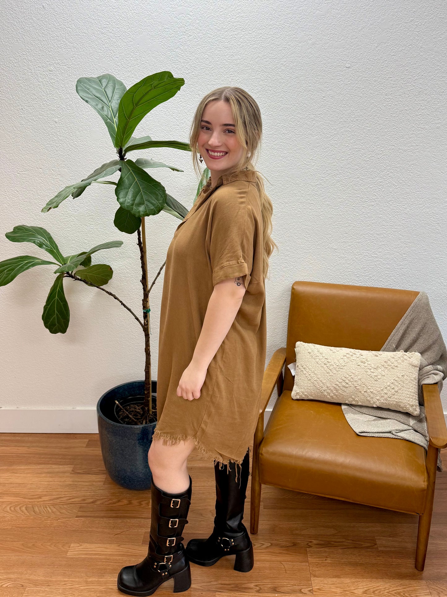 Deep Camel Washed Linen Dress