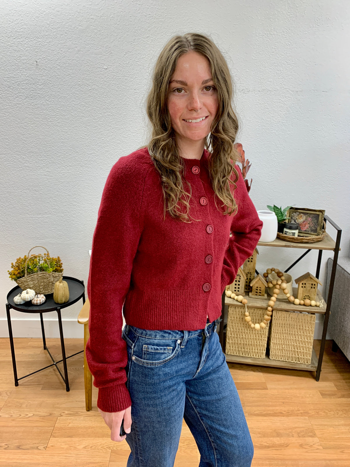 Burgundy Round Neck Cardigan