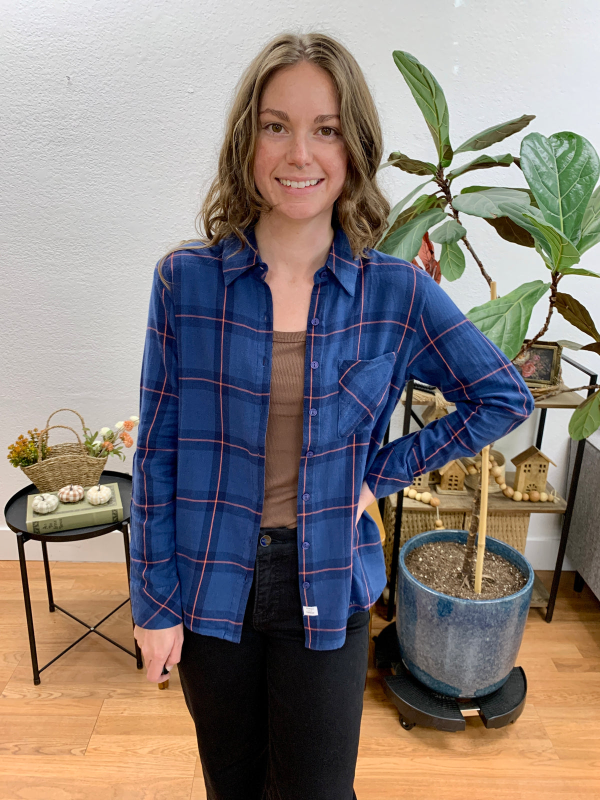 Navy Plaid Rolled Sleeve Shirt