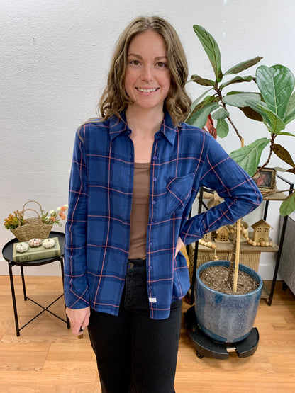 Navy Plaid Rolled Sleeve Shirt