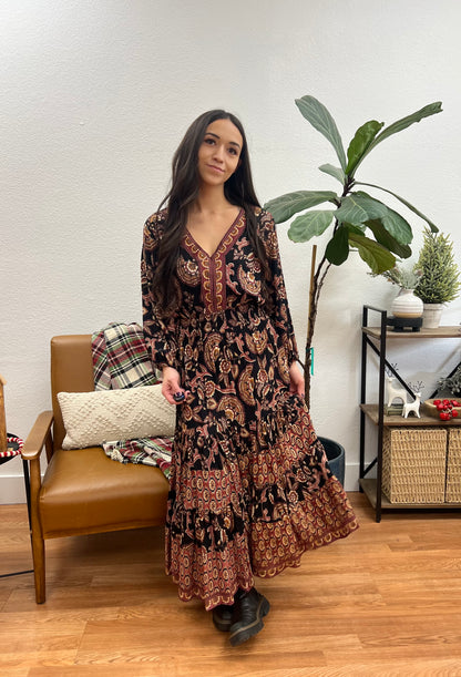 Black Print V-Neck Maxi Dress