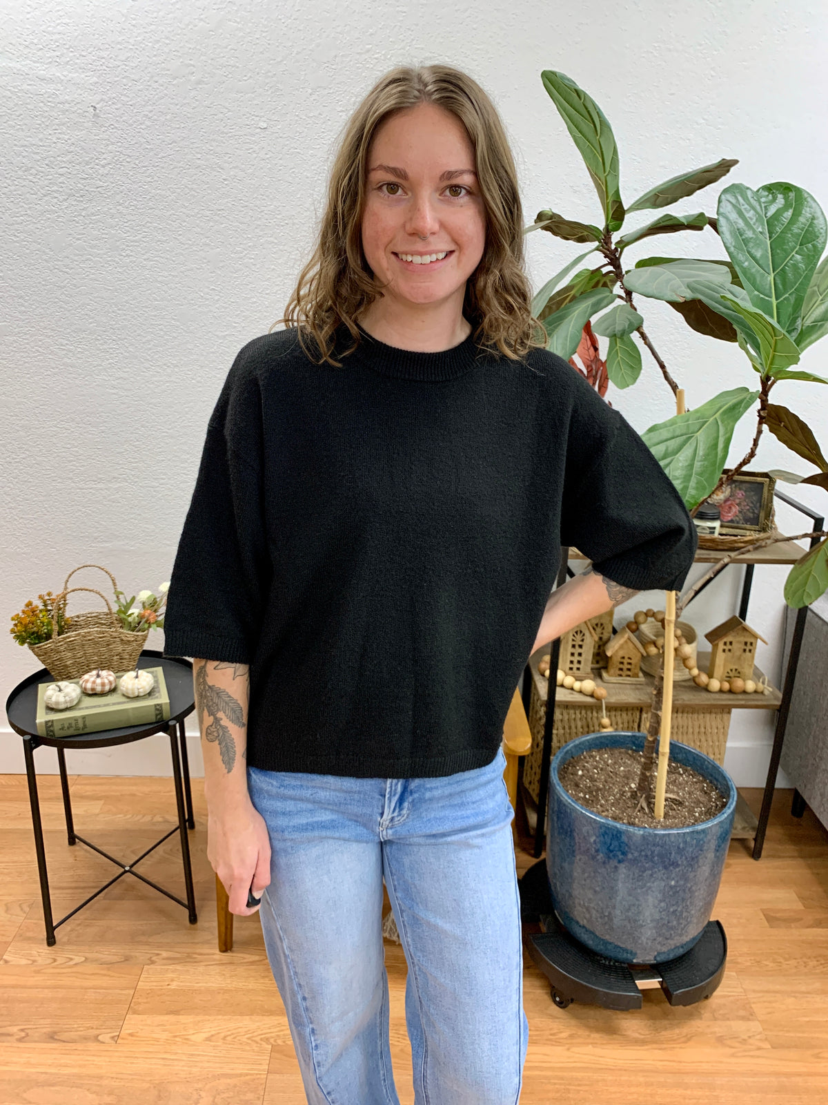 Black Heathered Boxy Pullover