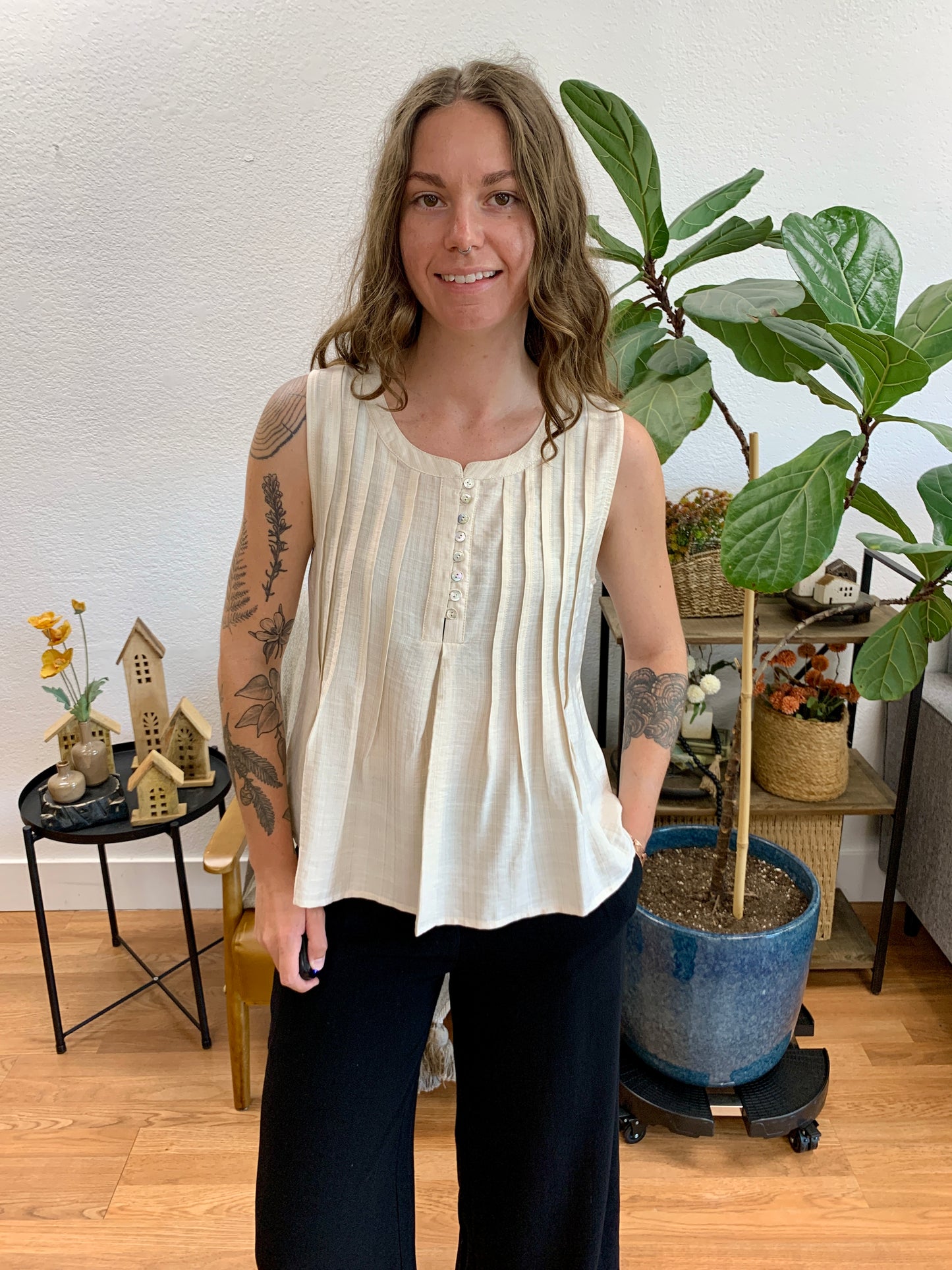 Cream Pintuck Button Front Top