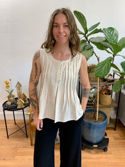Cream Pintuck Button Front Top