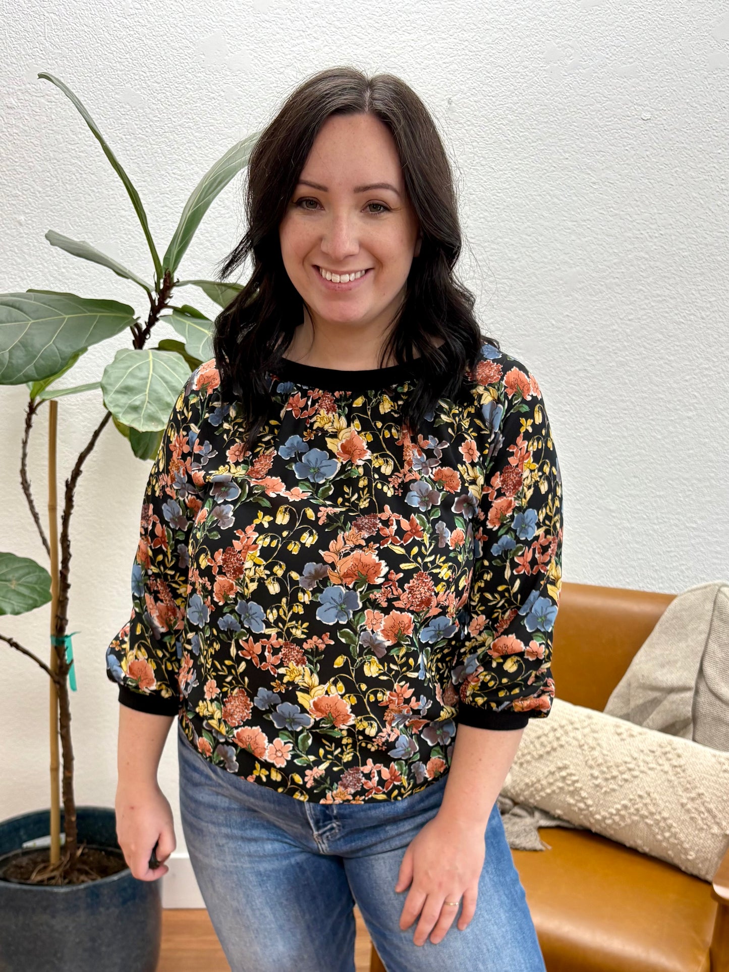 Black Floral 3/4 Sleeve Woven Blouse