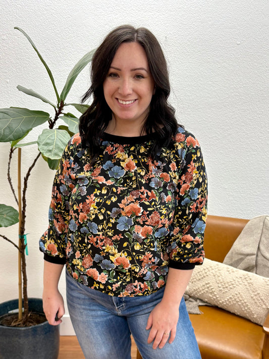 Black Floral 3/4 Sleeve Woven Blouse