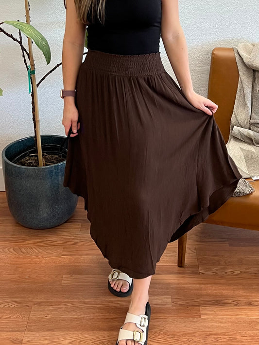 Brown Crinkle Smocked Waist Maxi Skirt