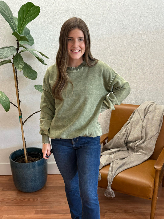 Lt Olive Acid Wash Oversized Pullover