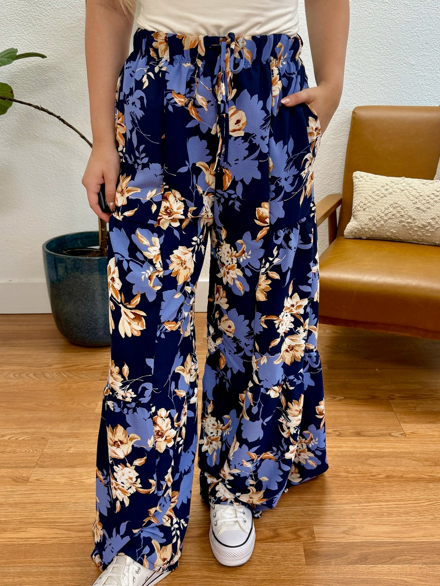Navy Floral Wide Leg Pants