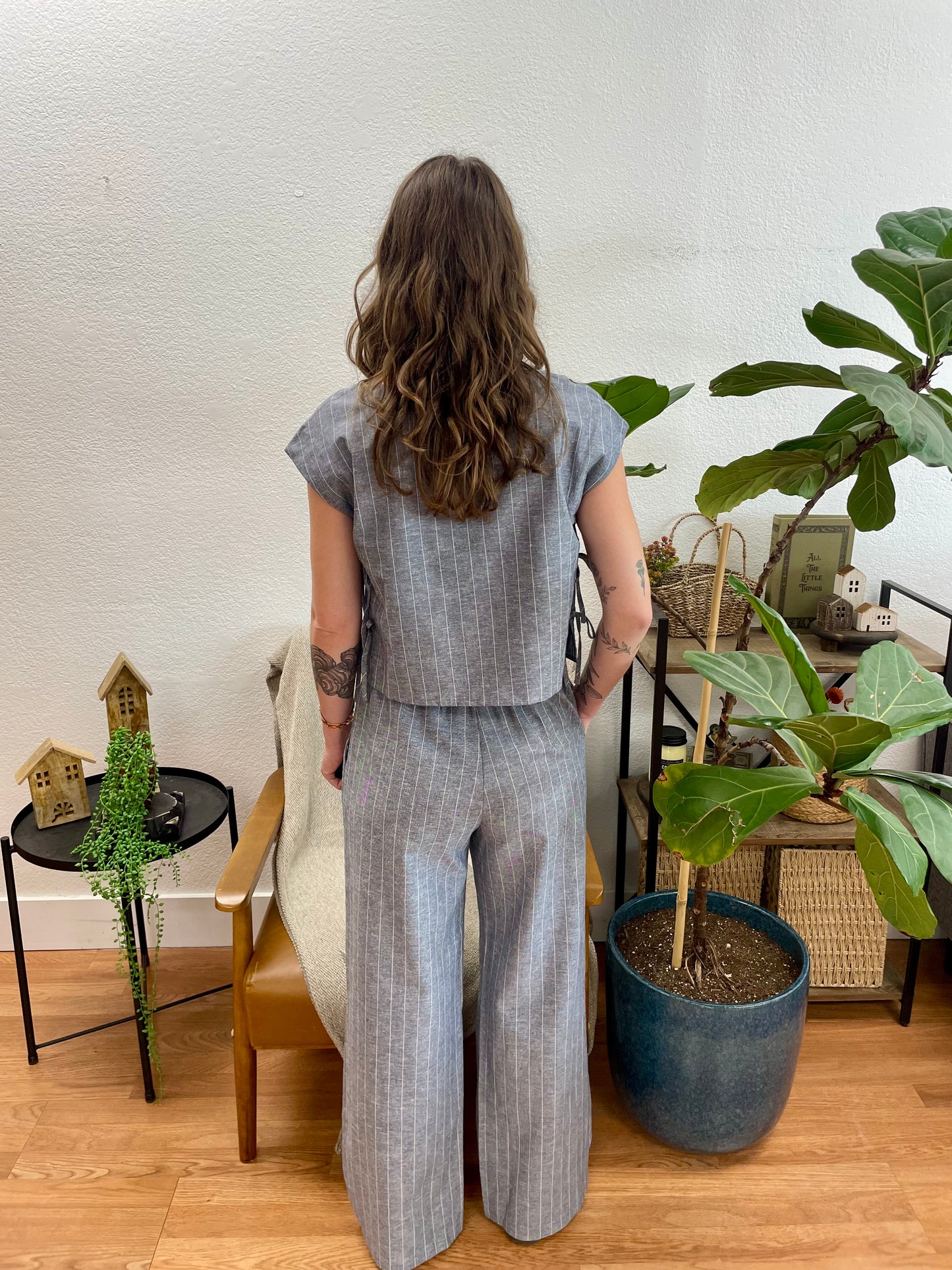 Navy Stripe Tie Front Linen Pants
