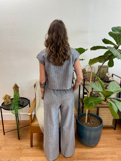 Navy Stripe Tie Front Linen Pants