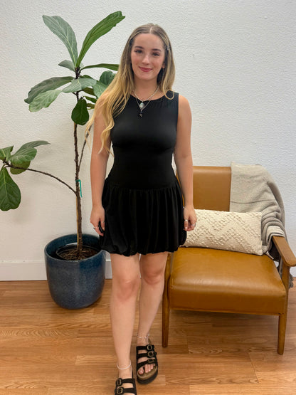 Black Double Layer Balloon Tank Mini Dress