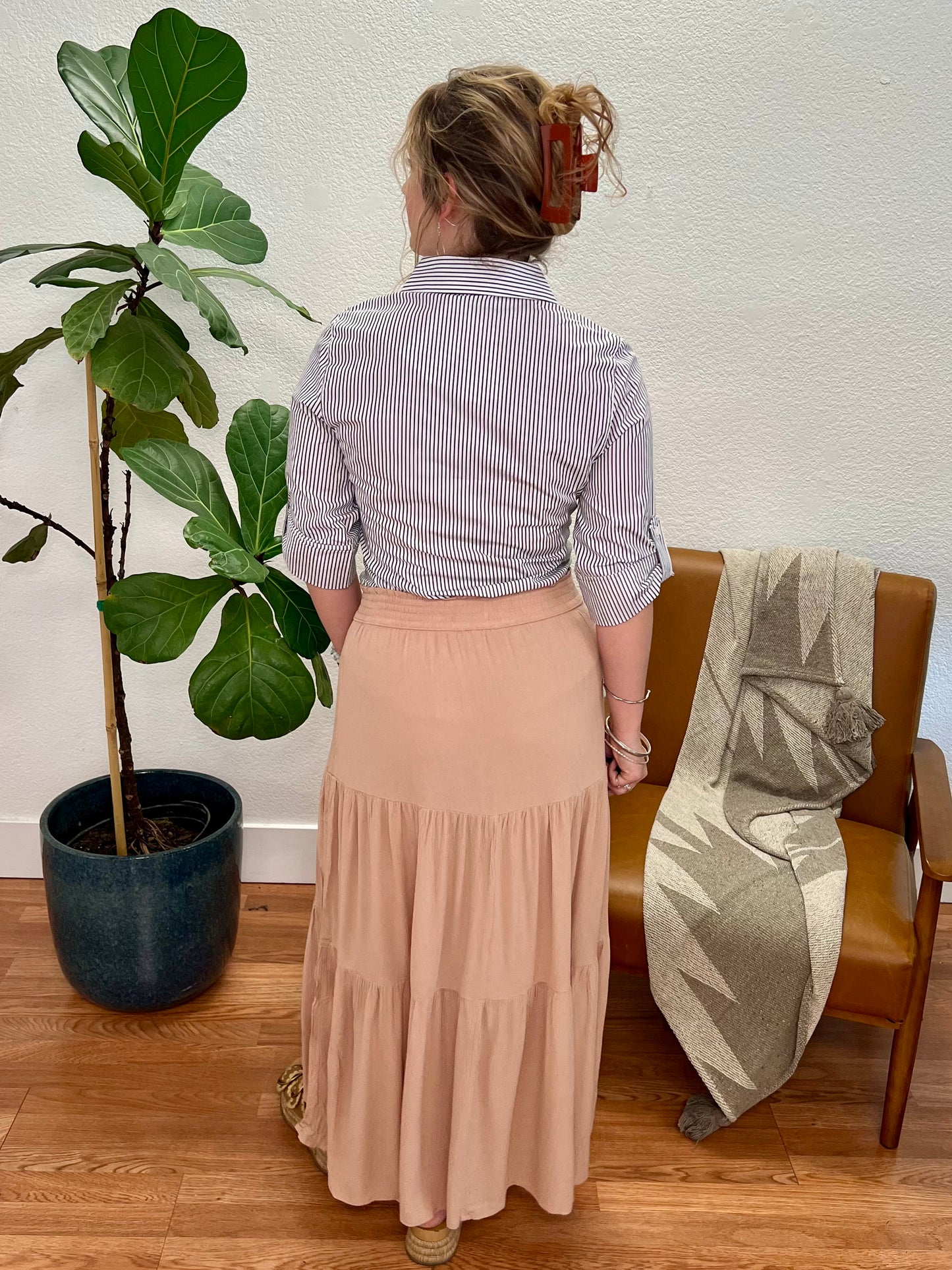 Taupe Smocked Tiered Maxi Skirt