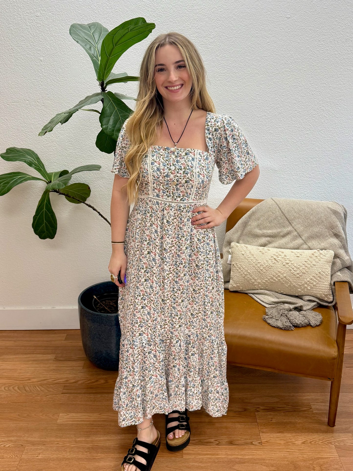 Cream Floral Flowy Maxi Dress