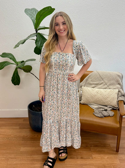 Cream Floral Flowy Maxi Dress