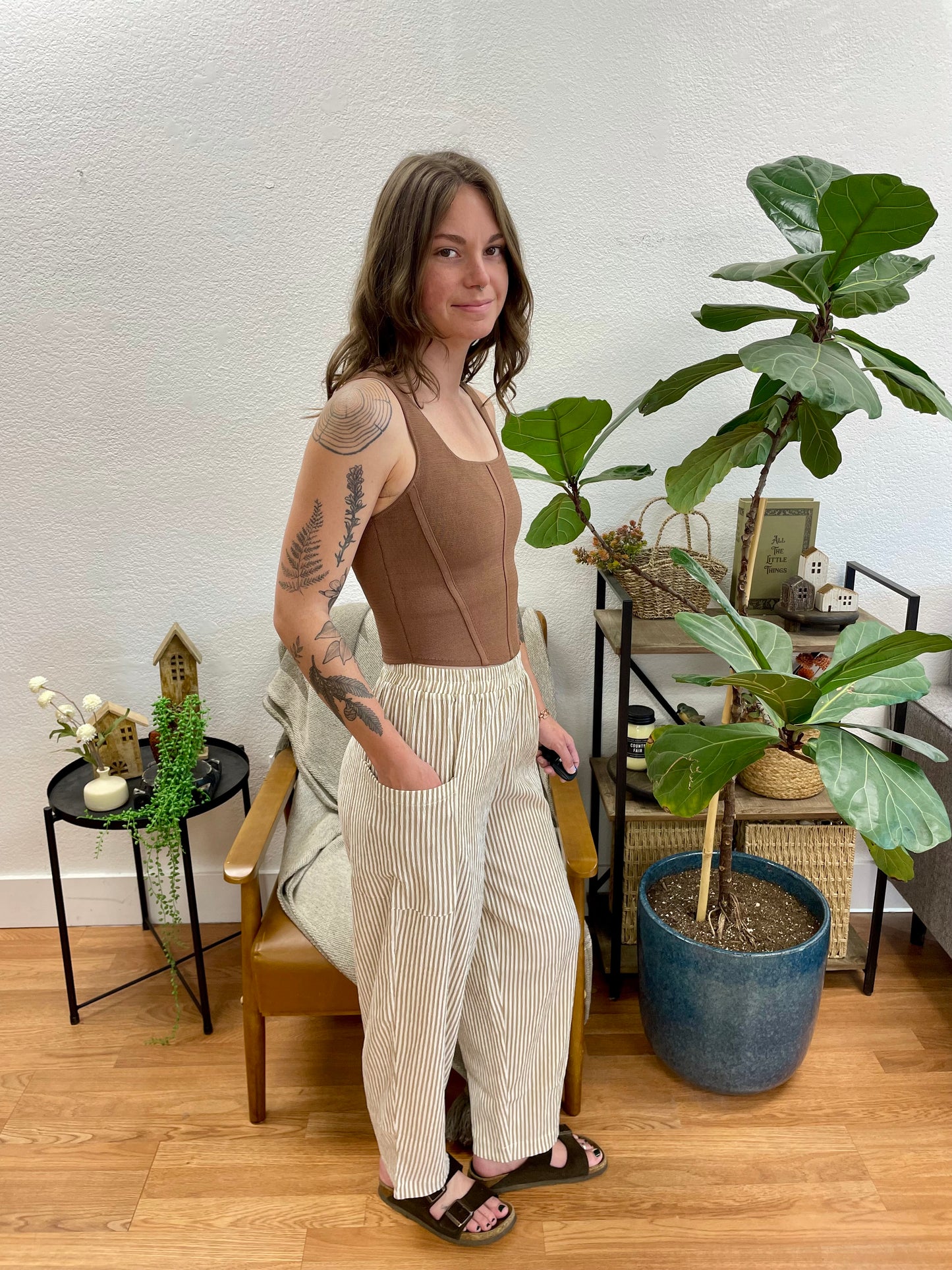 Mocha Stripe Elastic Waist Pants