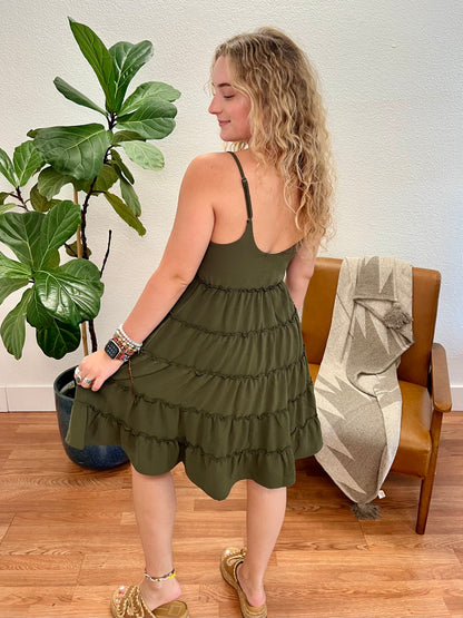 Olive Tiered Babydoll Flowy Mini Dress