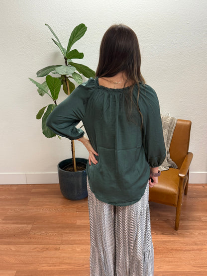 Forest Green Balloon Sleeve Blouse