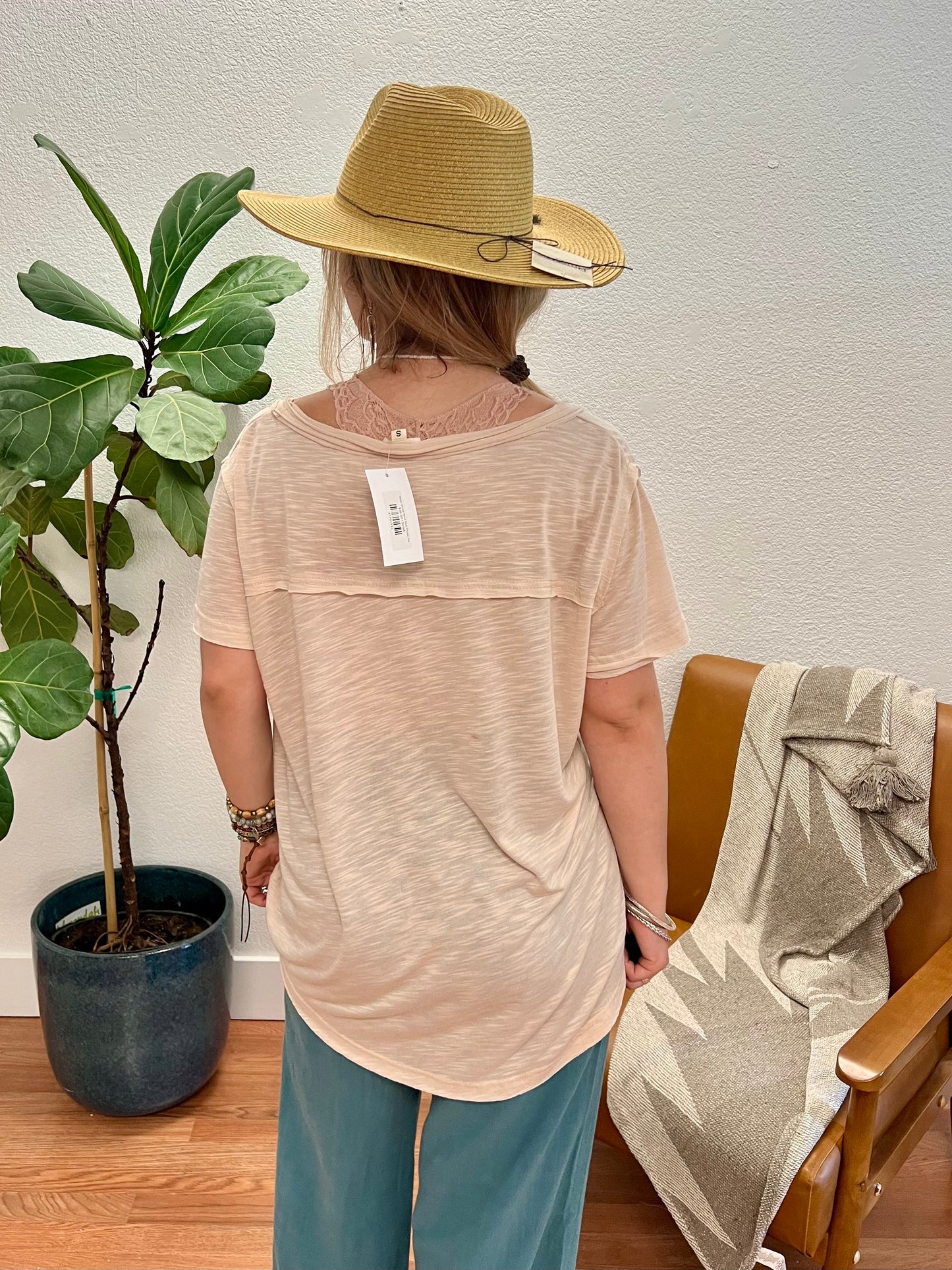 Beige Scoop Neck Slub Pocket Tee