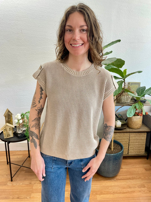 Khaki Acid Wash Tab Sleeve Knit Top