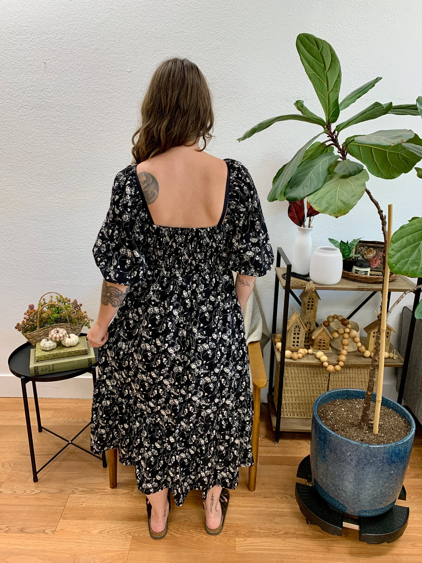 Black Floral Front Tie Midi Dress