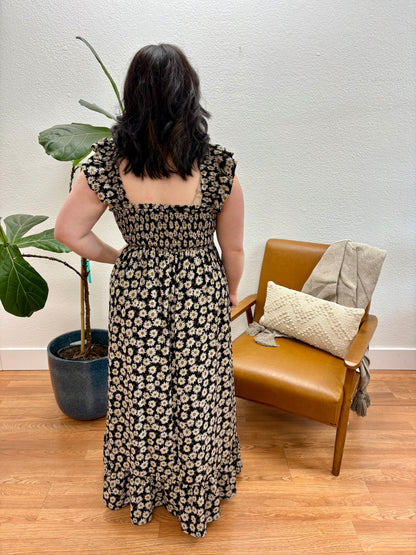 Black/Taupe Floral Smocking Midi Dress