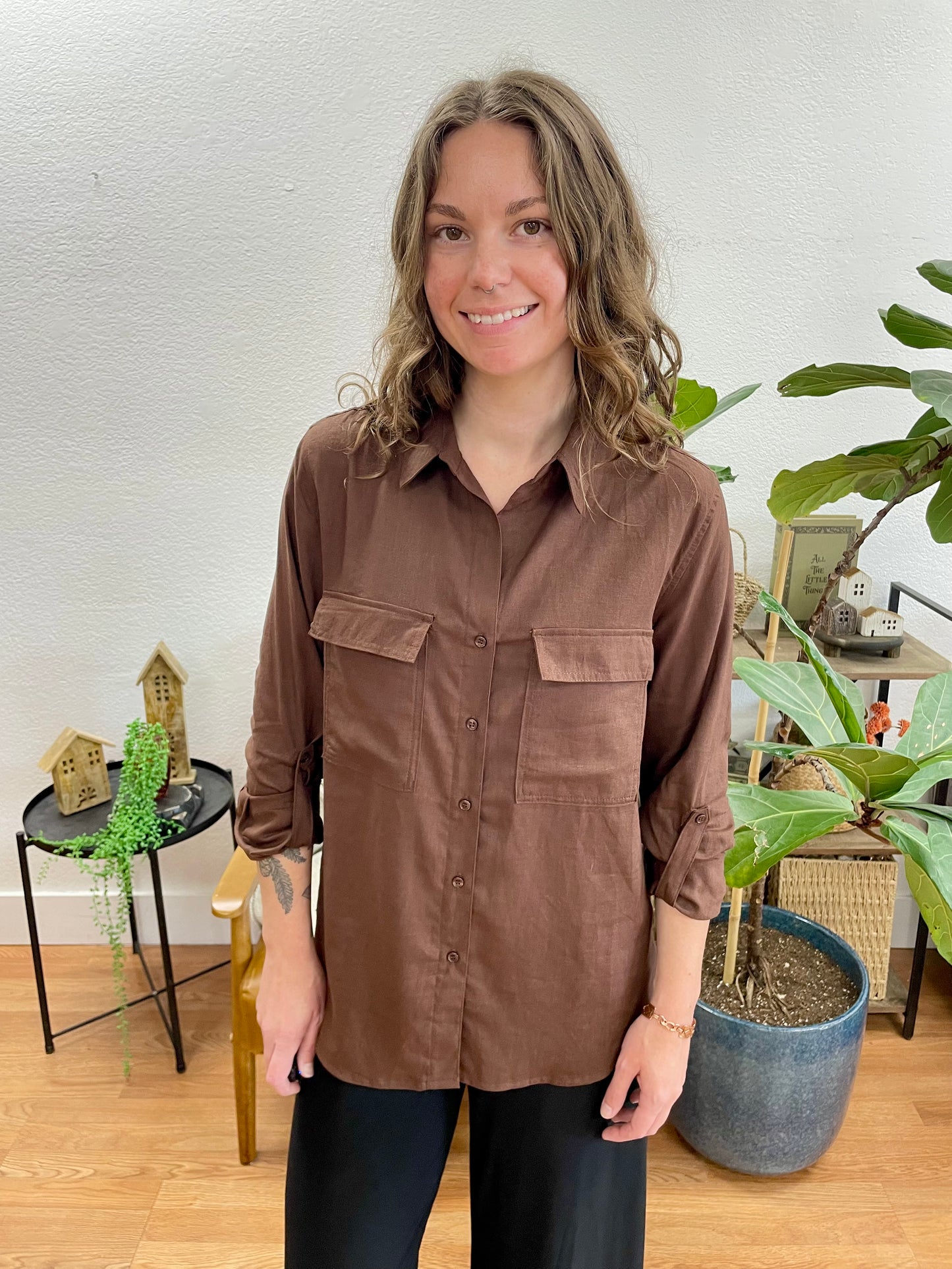 Chocolate Linen Button Up Blouse