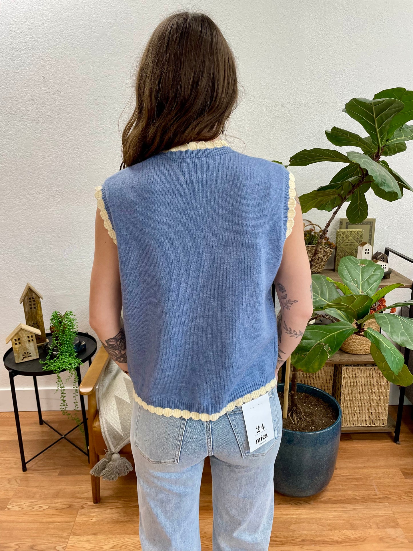 Blue Scallop Trim Tie Vest