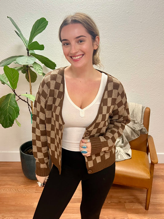 Taupe Checkered Cardigan