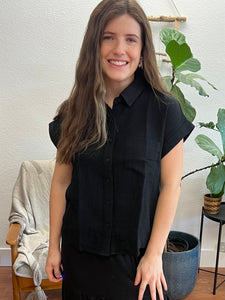 Black Button Front Relaxed Blouse