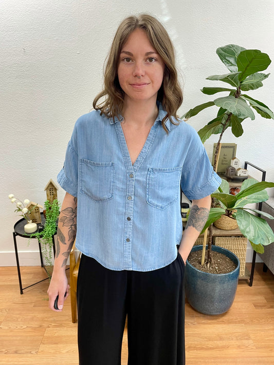 Chambray Button Front Beachy Blouse